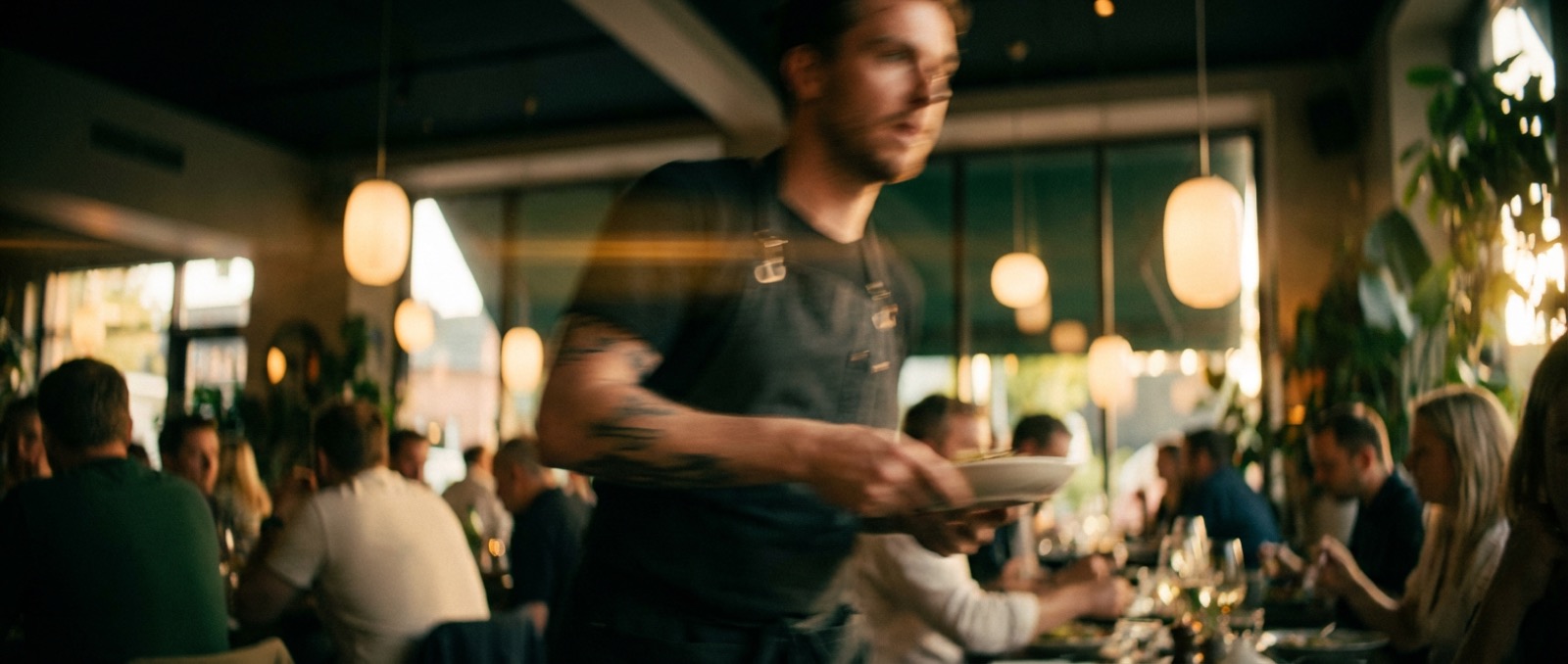 Server walking through a busy full-service restaurant during evening service