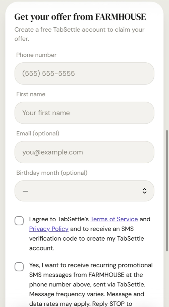 TabSettle SMS opt-in screen: offer headline, phone number input, and the first consent checkbox