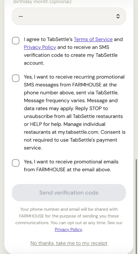 TabSettle SMS opt-in continued view: all three consent checkboxes, the disabled action button, and the data sharing disclosure